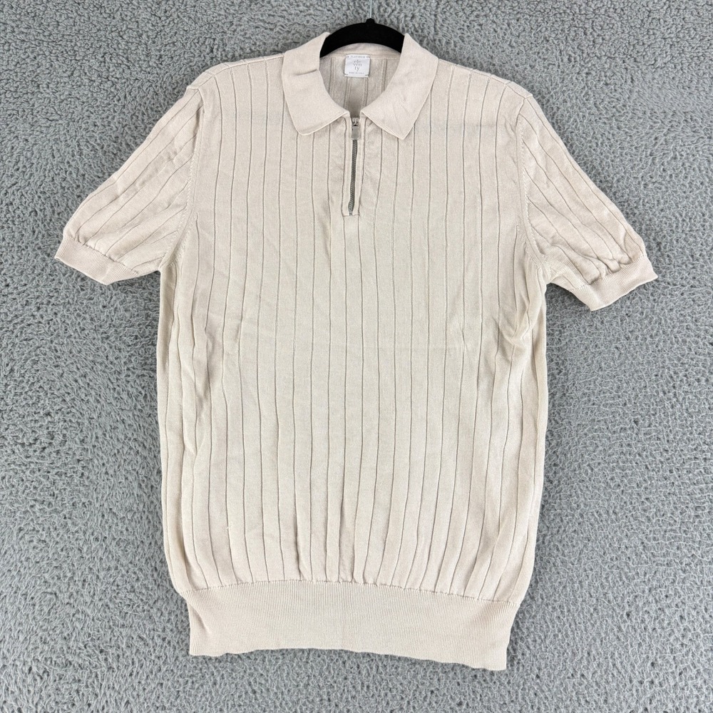 Eleventy Knit Polo Men Large Beige Wool Silk Quarter Zip Ribbed Made in Italy